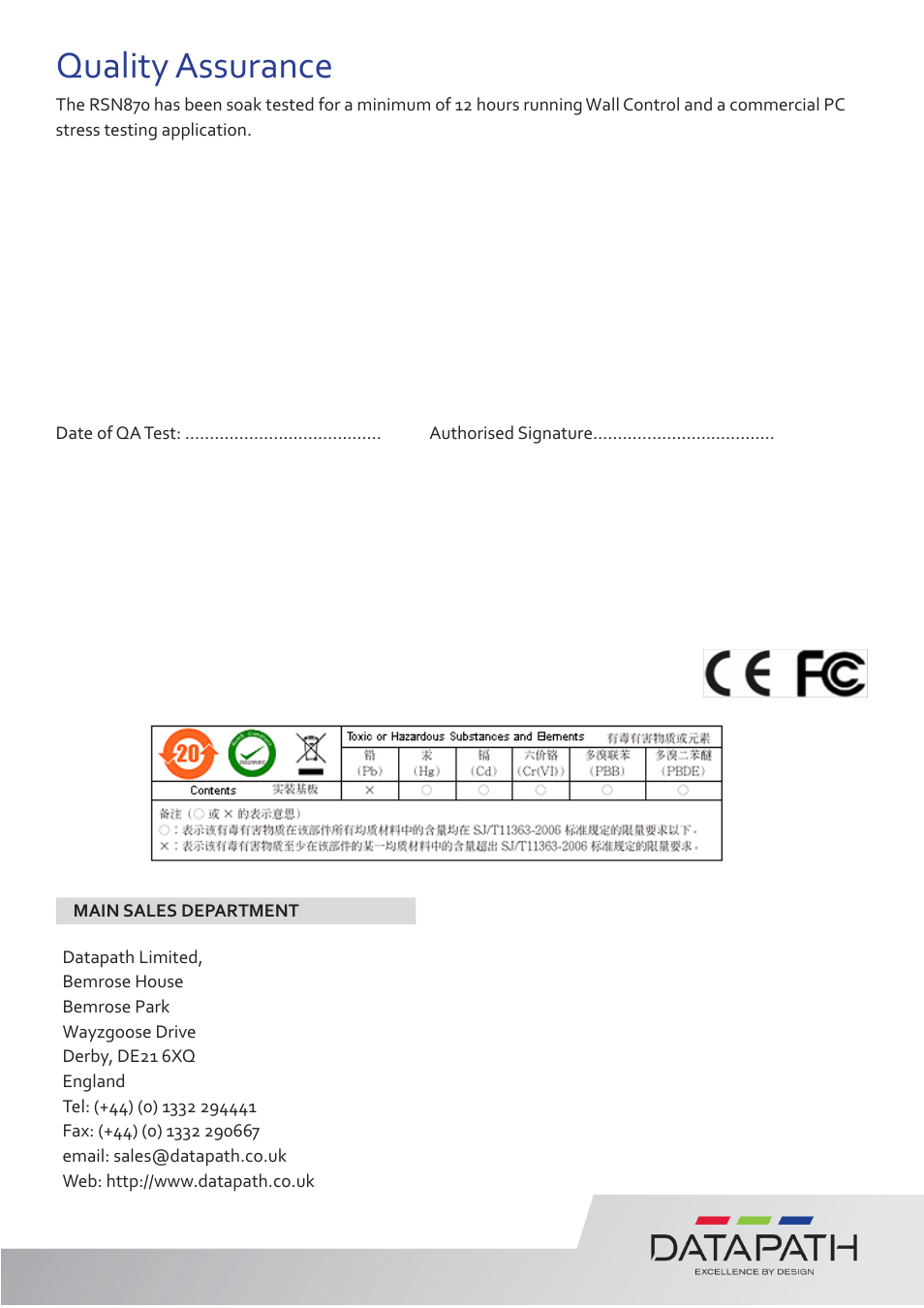 Quality assurance | Datapath RSN870 User Manual | Page 14 / 14