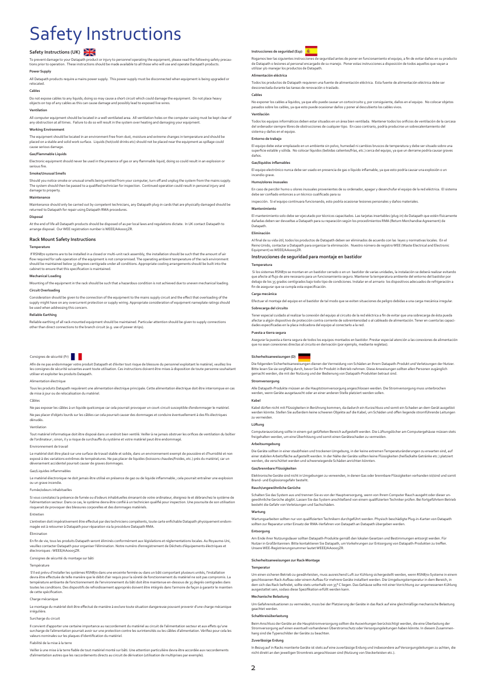 Safety instructions | Datapath RSN870 User Manual | Page 2 / 14