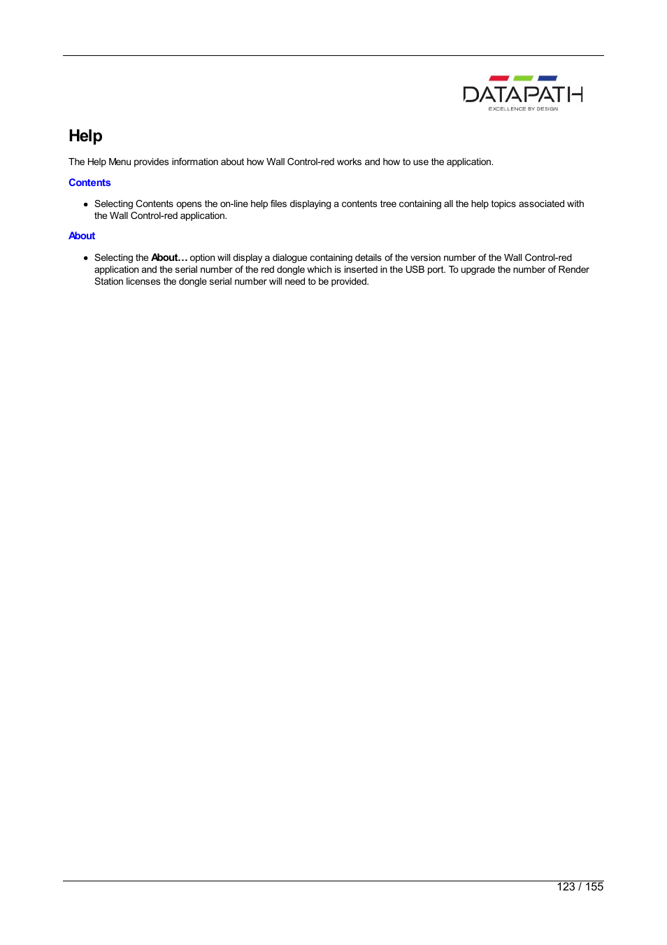 Help menu, Help | Datapath Wall Control User Manual | Page 123 / 155