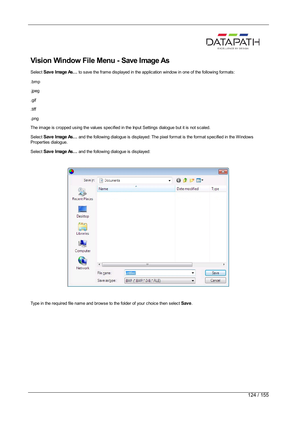 Window menu options, Vision, File menu | Save image as, Vision window file menu - save image as | Datapath Wall Control User Manual | Page 124 / 155