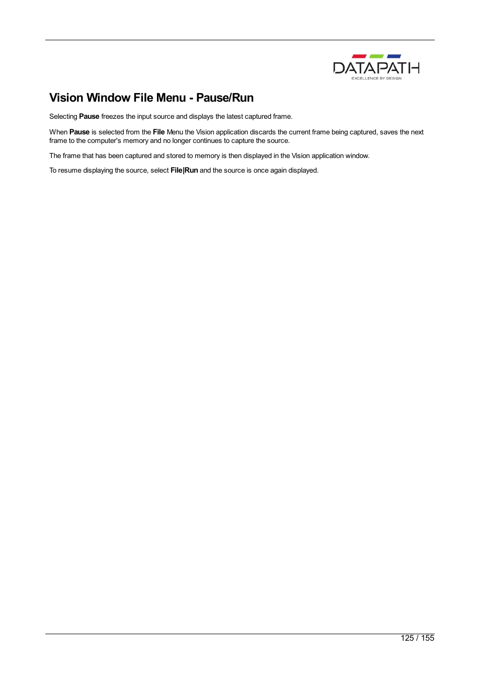 Pause, run, Vision window file menu - pause/run | Datapath Wall Control User Manual | Page 125 / 155