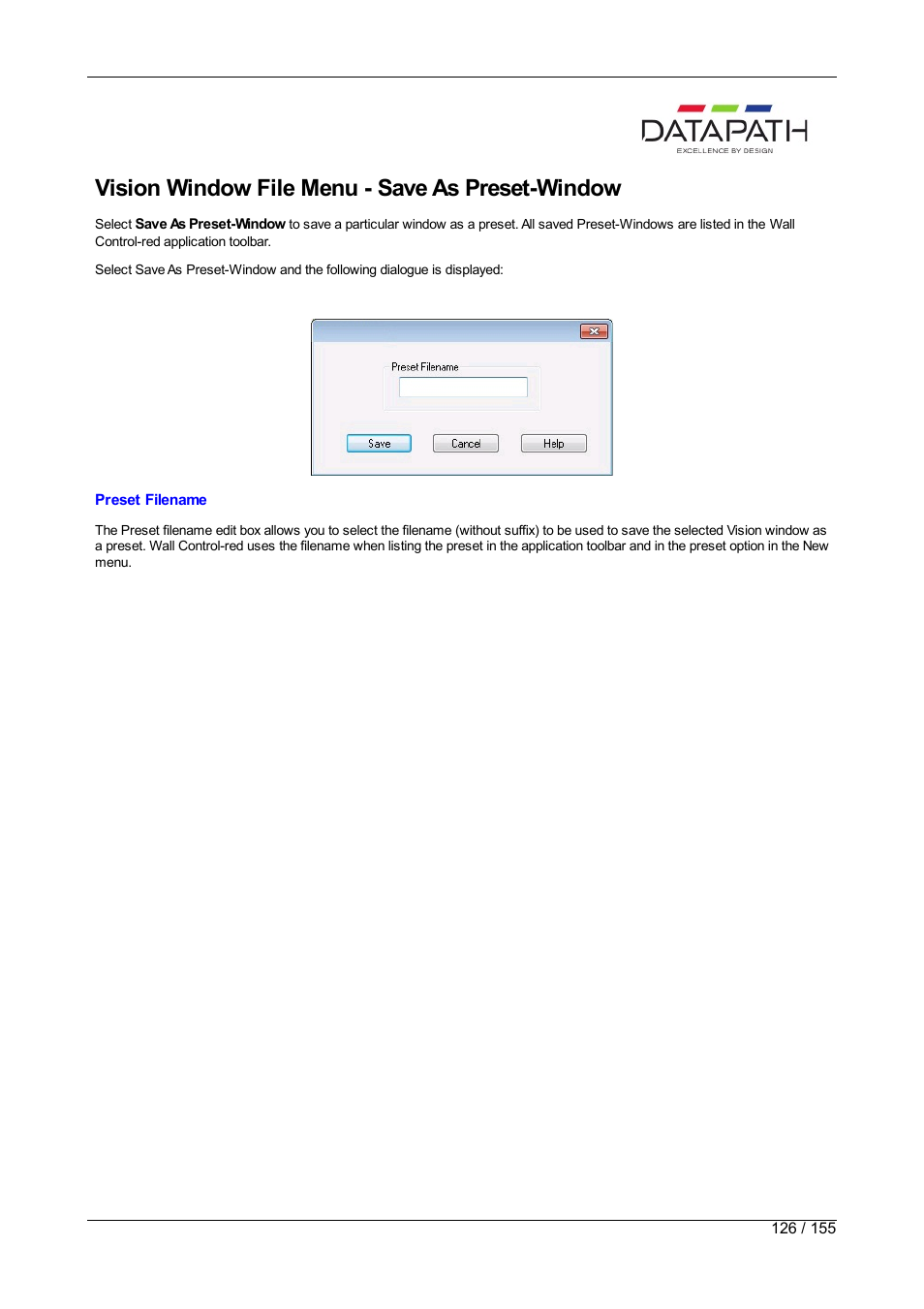 Save as preset-window, Vision window file menu - save as preset-window | Datapath Wall Control User Manual | Page 126 / 155