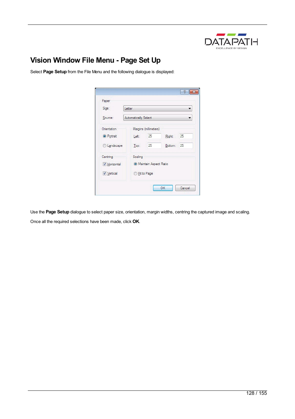 Vision window file menu - page set up | Datapath Wall Control User Manual | Page 128 / 155