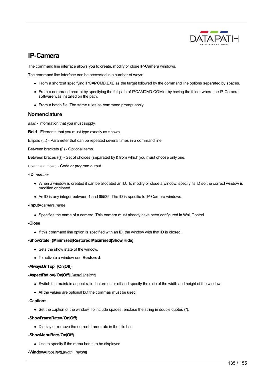 Command line interface, Ip-camera, Nomenclature | Datapath Wall Control User Manual | Page 135 / 155
