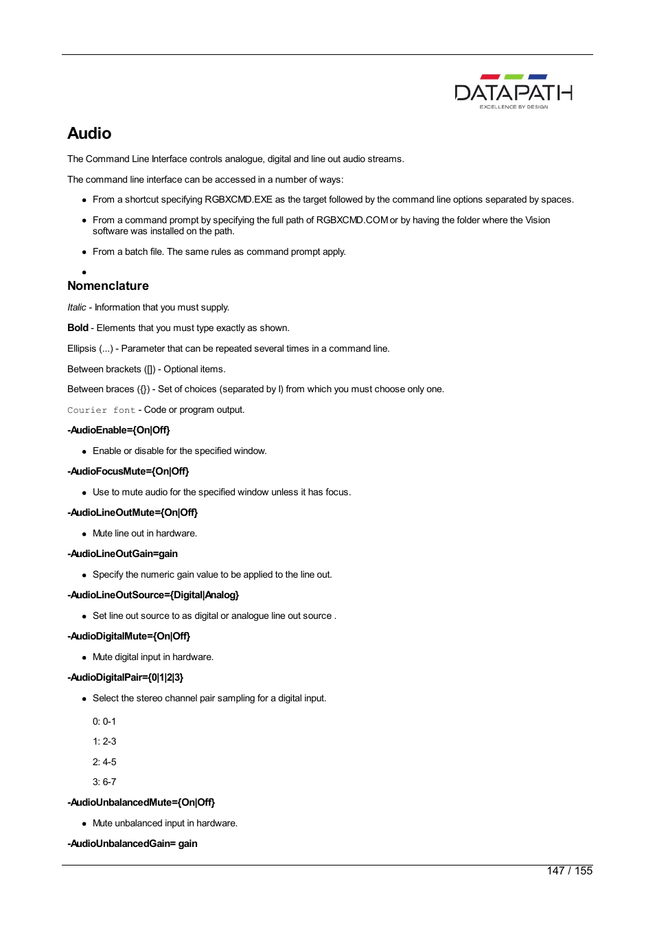 Audio, Nomenclature | Datapath Wall Control User Manual | Page 147 / 155