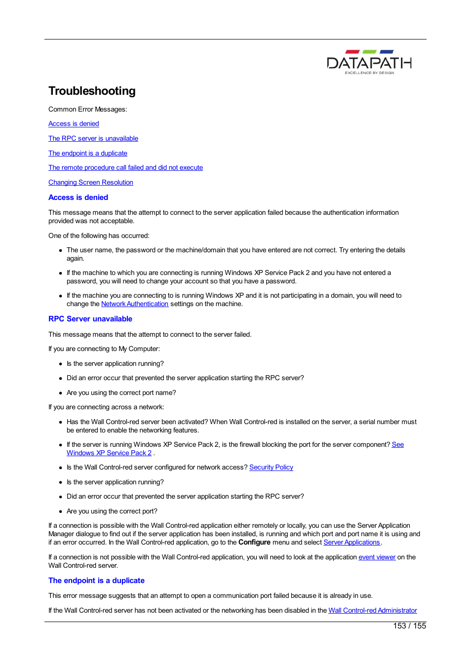 Troubleshooting | Datapath Wall Control User Manual | Page 153 / 155