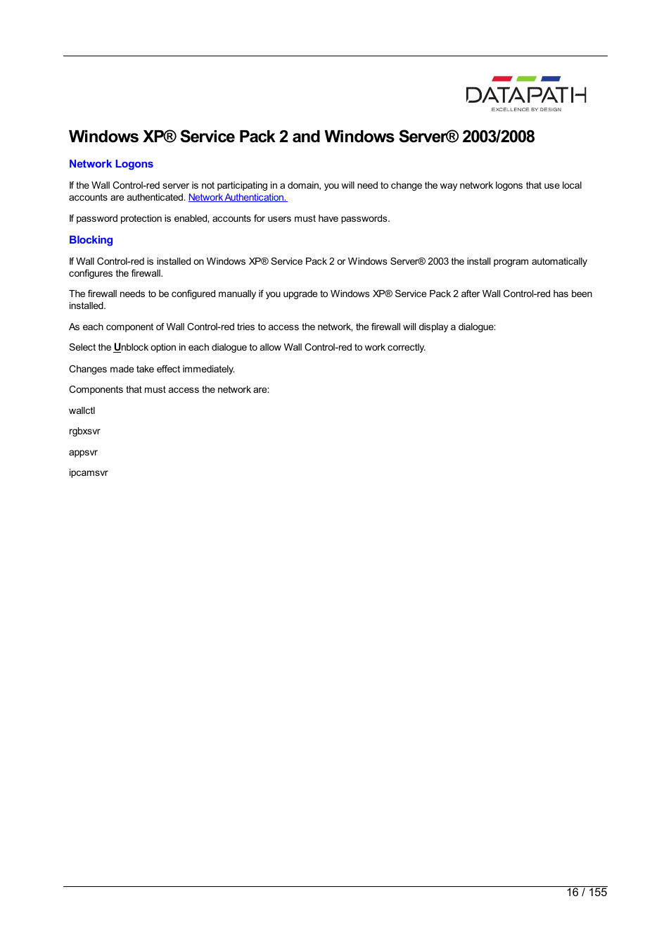 Windows xp service pack 2 and server 2003 | Datapath Wall Control User Manual | Page 16 / 155
