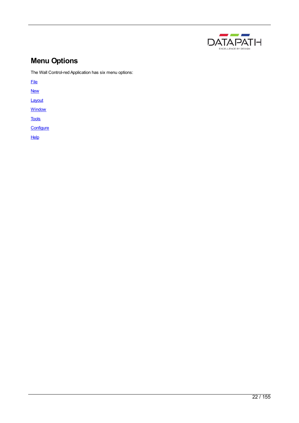 Menu options | Datapath Wall Control User Manual | Page 22 / 155