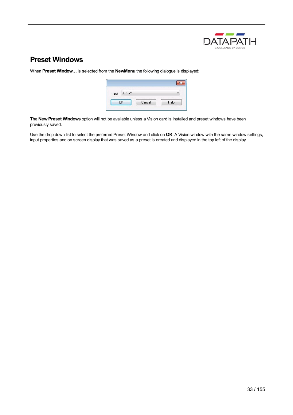 Preset, Preset windows | Datapath Wall Control User Manual | Page 33 / 155