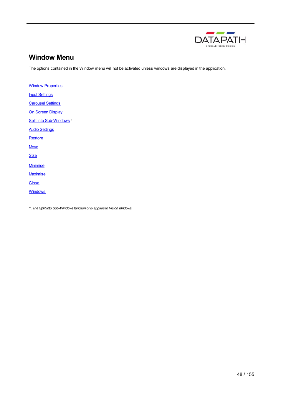 Window menu | Datapath Wall Control User Manual | Page 48 / 155