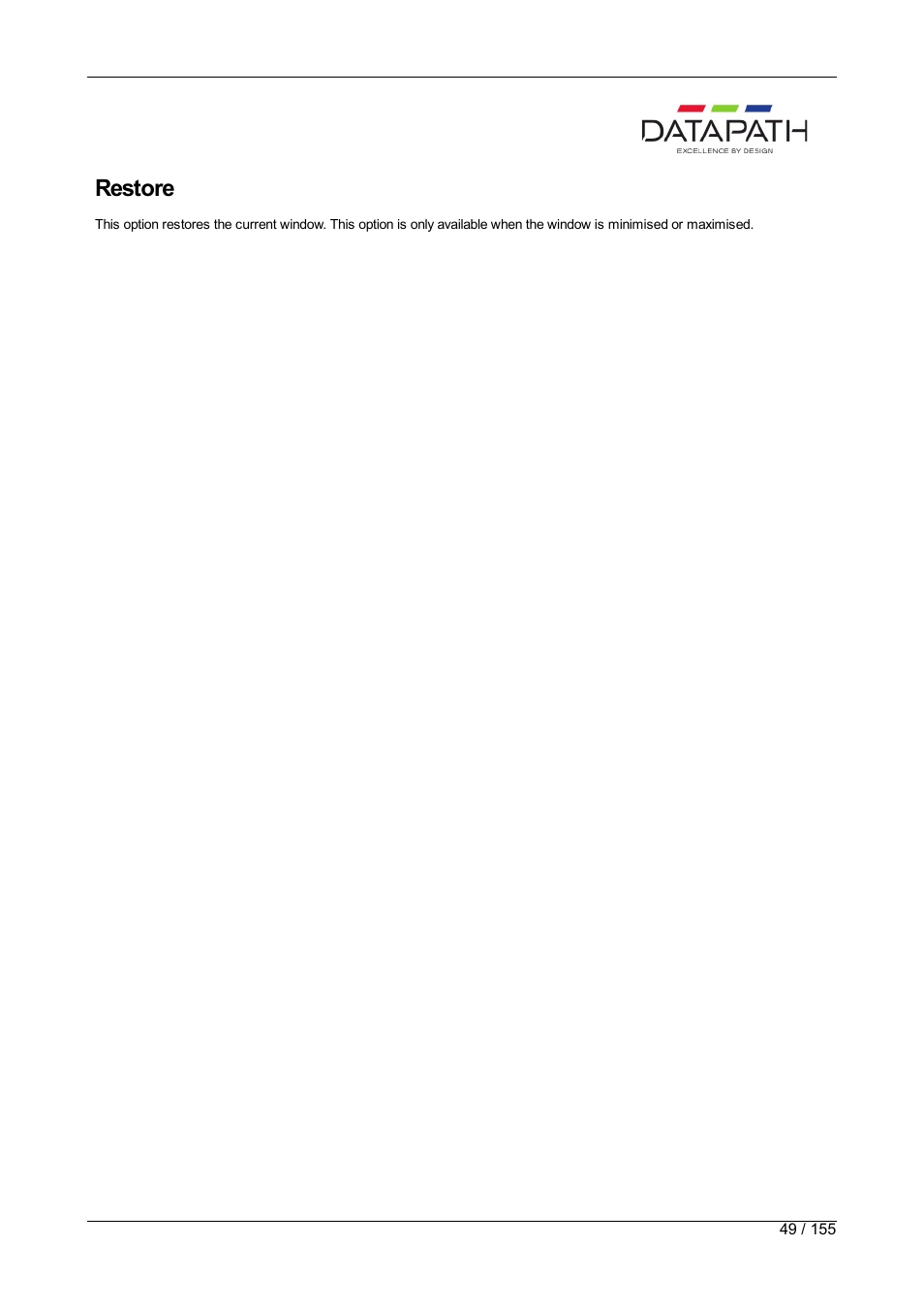 Restore | Datapath Wall Control User Manual | Page 49 / 155
