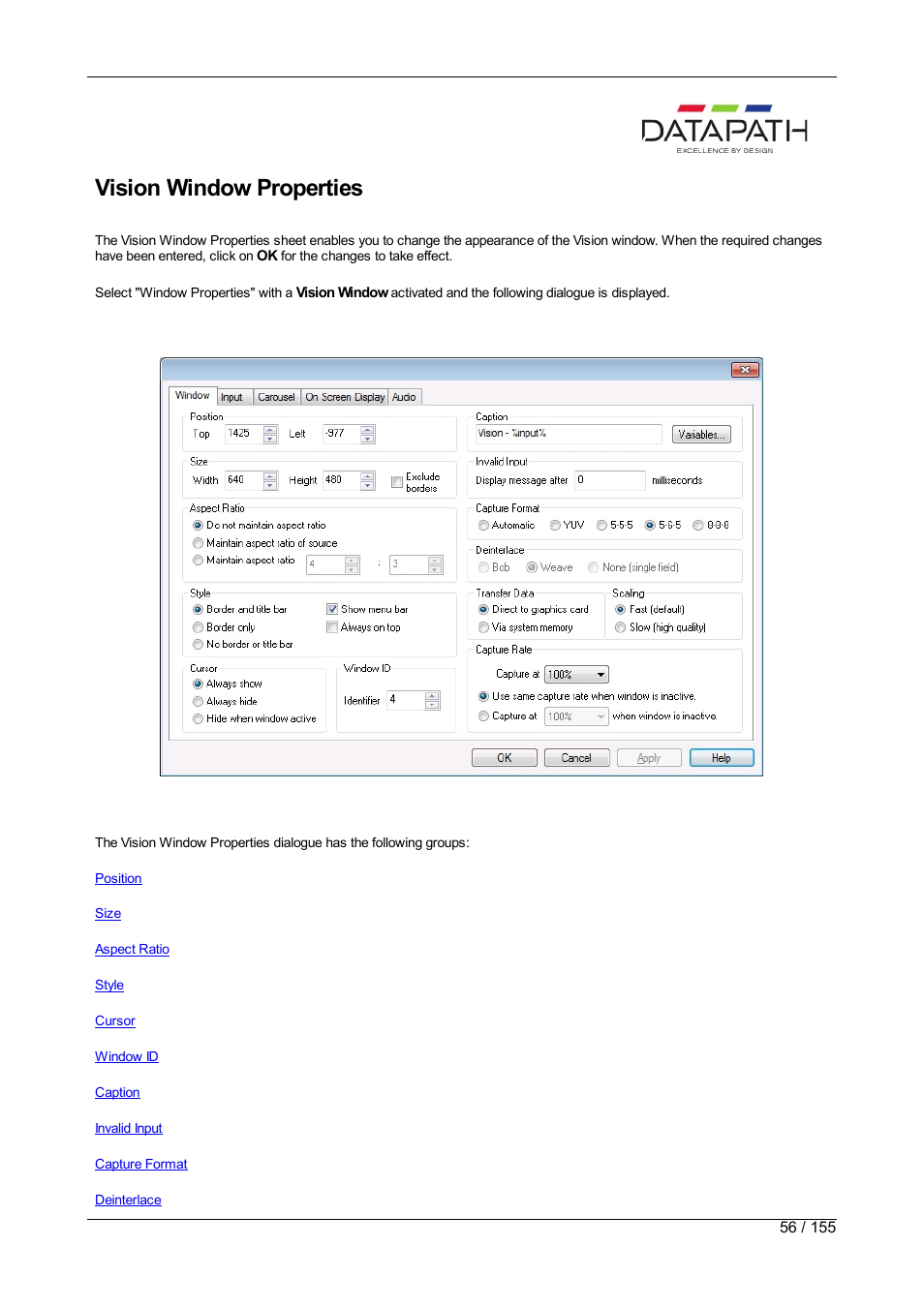 Window properties, Vision, Vision window properties | Datapath Wall Control User Manual | Page 56 / 155