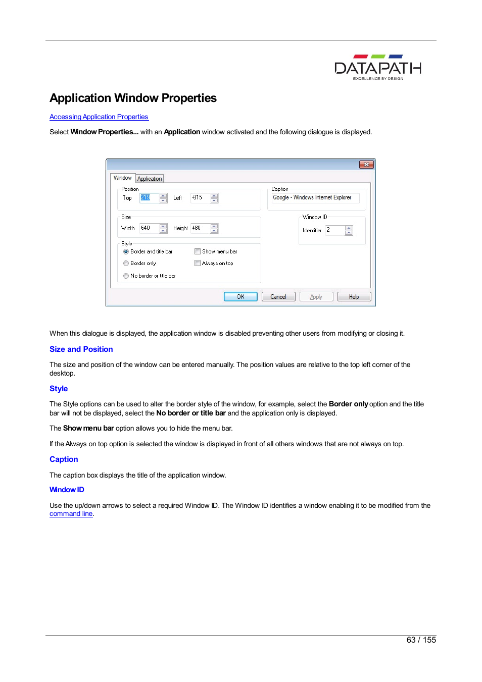 Application, Application window properties | Datapath Wall Control User Manual | Page 63 / 155