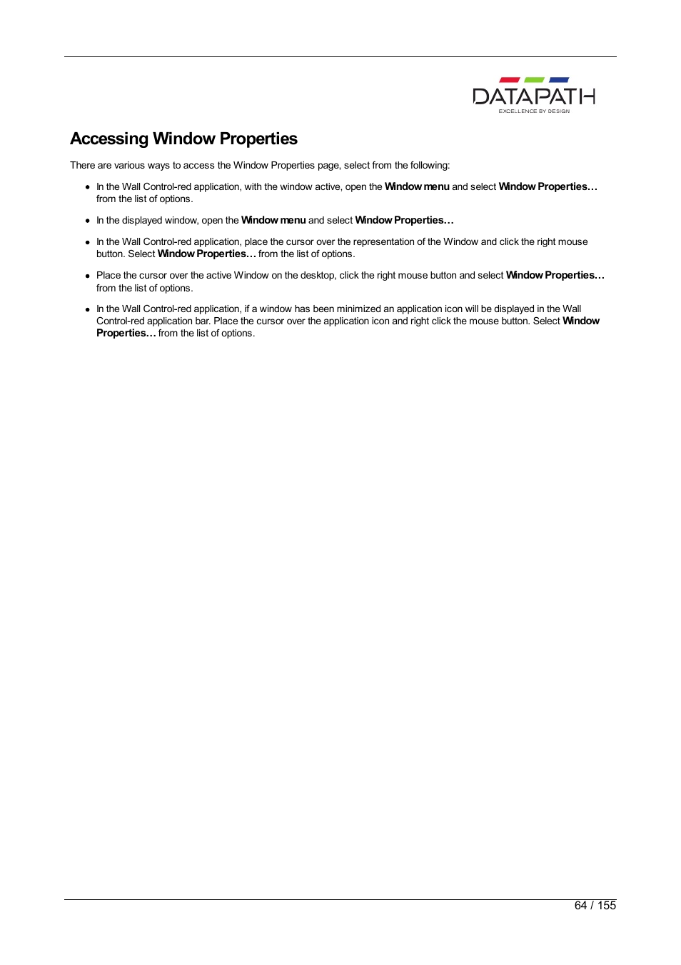 Accessing window properties | Datapath Wall Control User Manual | Page 64 / 155