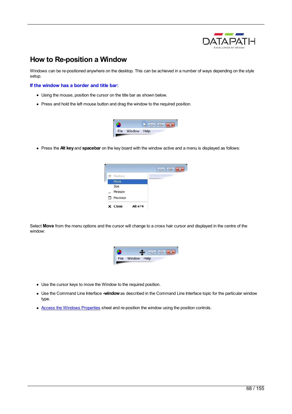 How to re-position a window | Datapath Wall Control User Manual | Page 68 / 155