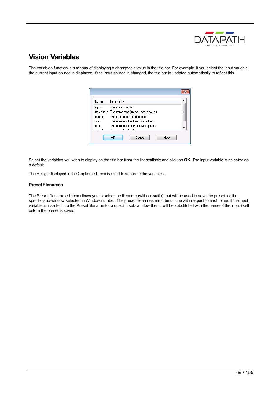 Variables, Vision, Vision variables | Datapath Wall Control User Manual | Page 69 / 155