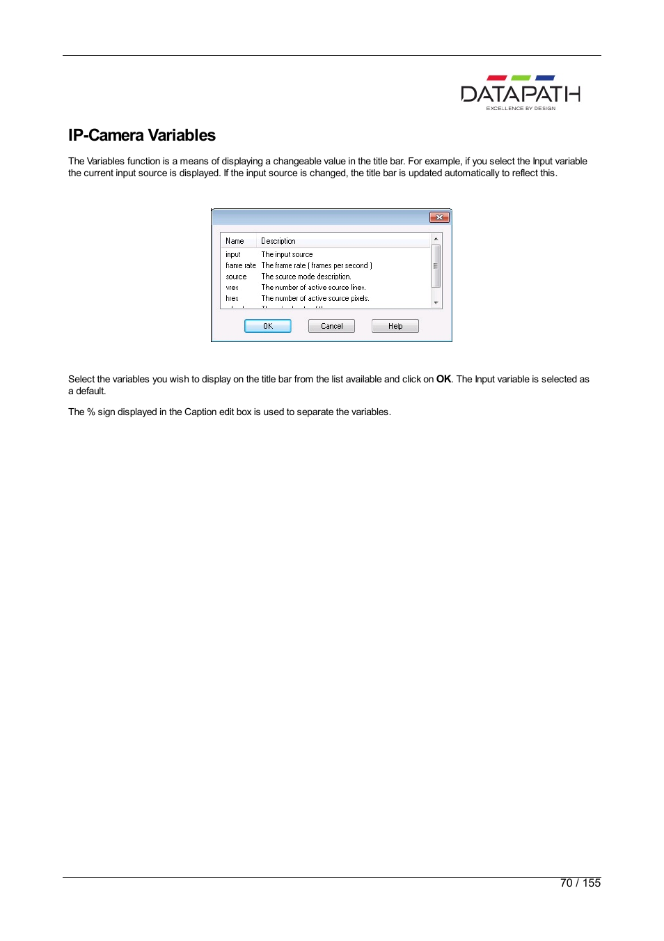 Ip-camera, Ip-camera variables | Datapath Wall Control User Manual | Page 70 / 155