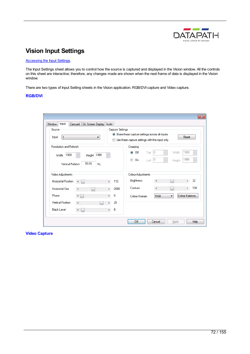 Vision, Vision input settings | Datapath Wall Control User Manual | Page 72 / 155