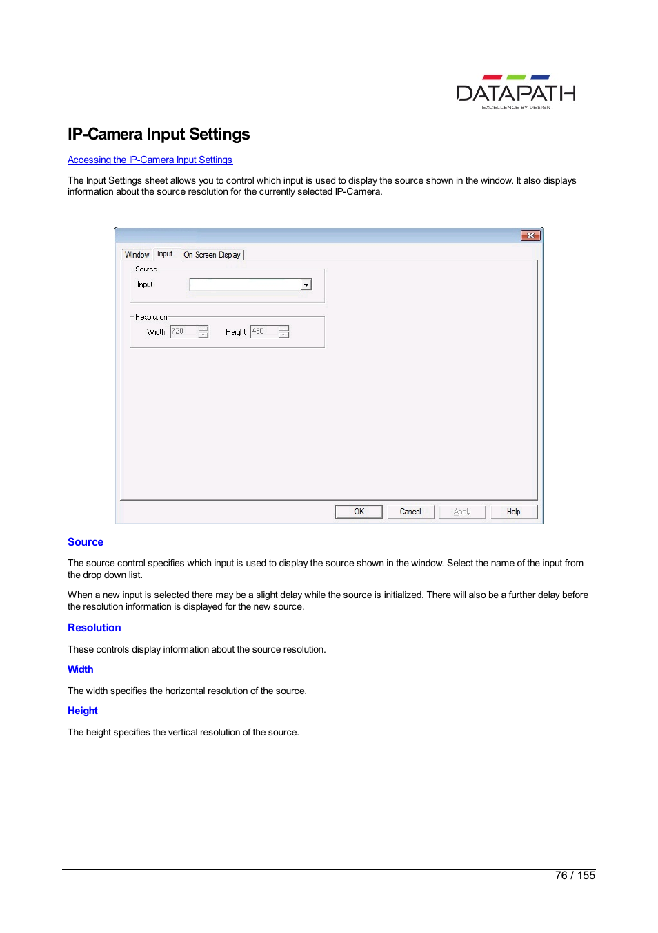 Ip-camera, Ip-camera input settings | Datapath Wall Control User Manual | Page 76 / 155
