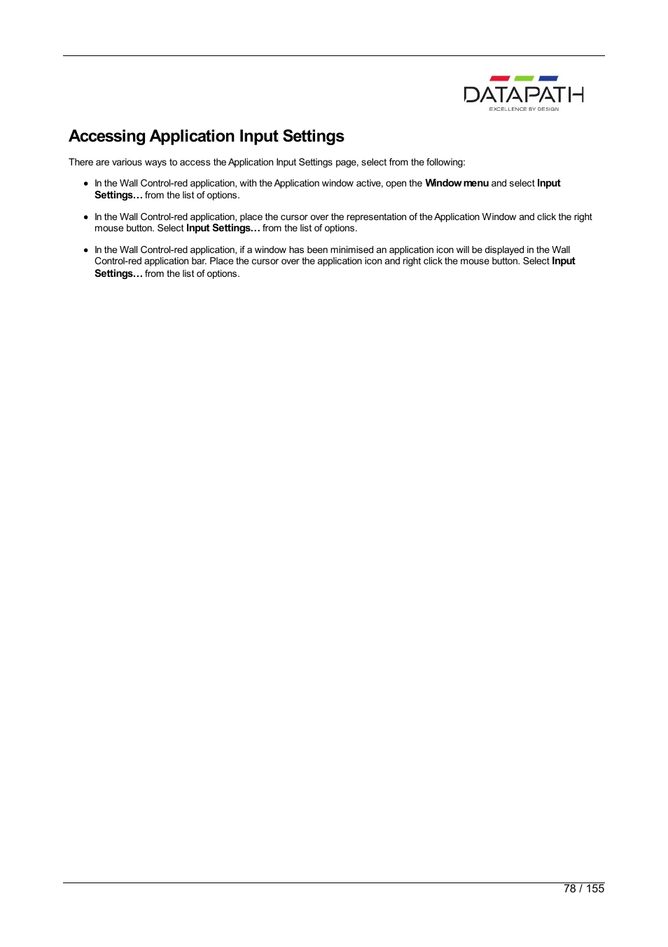 Accessing application input settings | Datapath Wall Control User Manual | Page 78 / 155