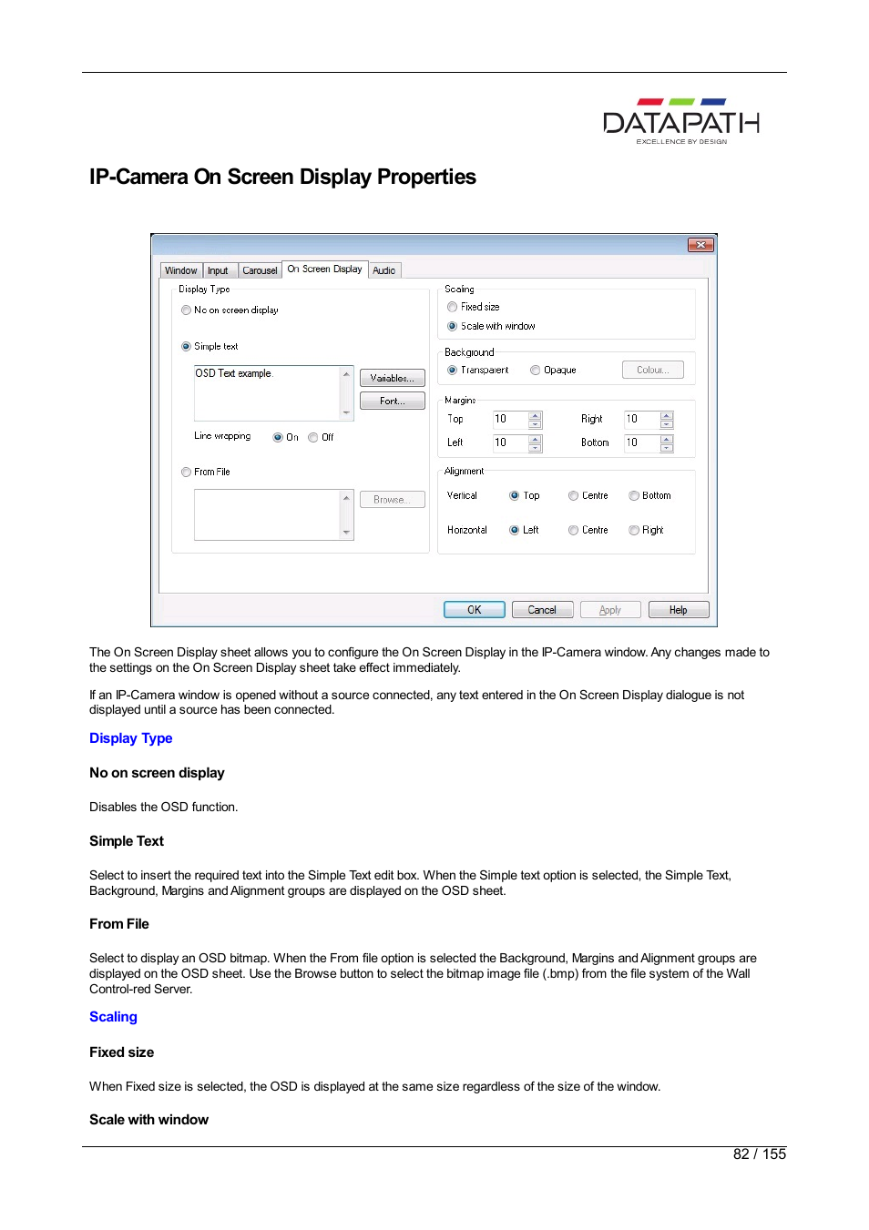 Ip-camera, Ip-camera on screen display properties | Datapath Wall Control User Manual | Page 82 / 155