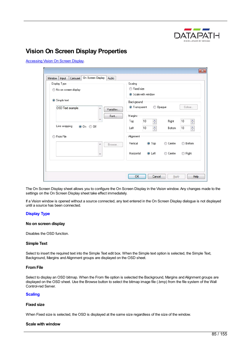 Vision, Vision on screen display properties | Datapath Wall Control User Manual | Page 85 / 155