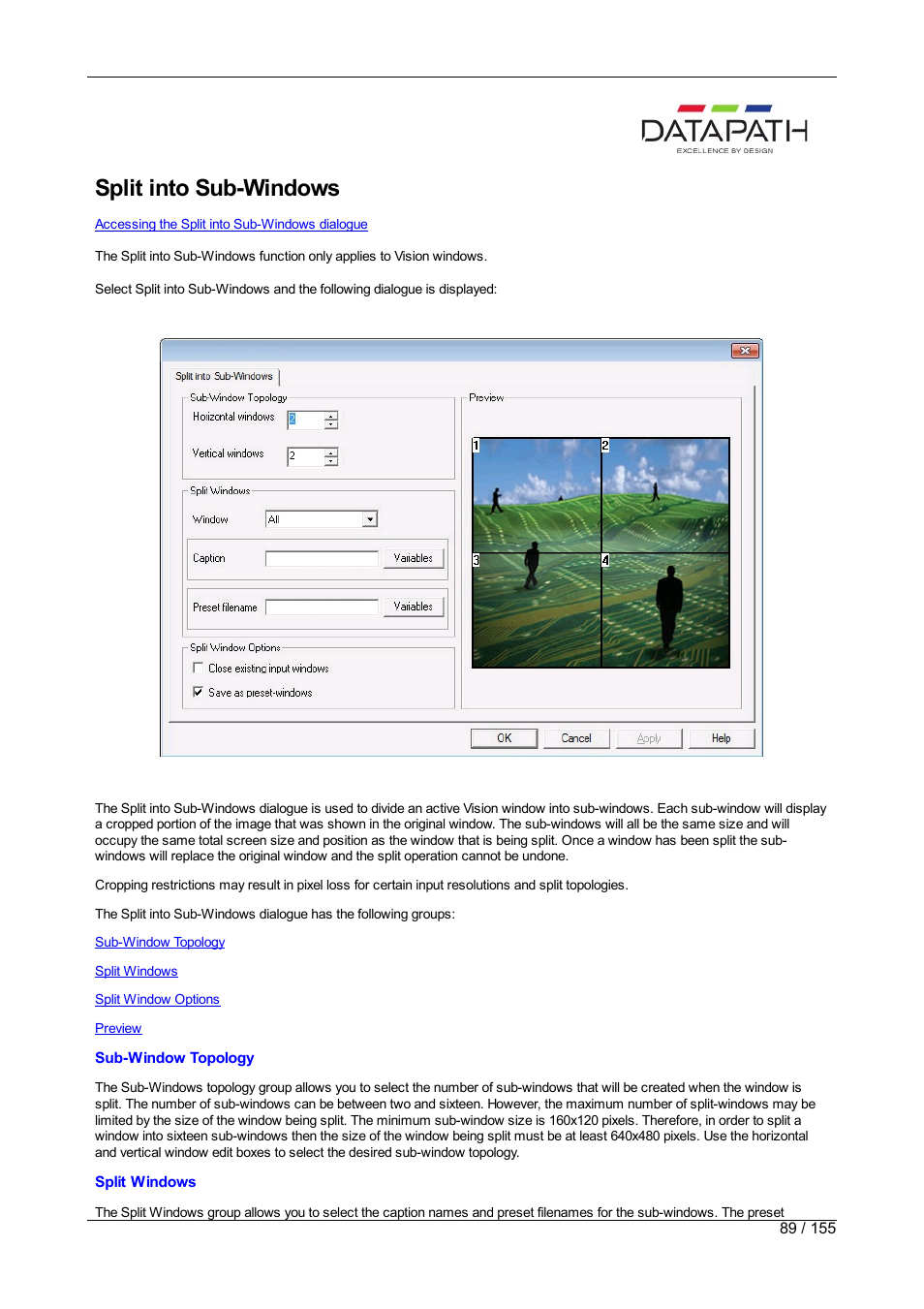 Split into sub-windows | Datapath Wall Control User Manual | Page 89 / 155