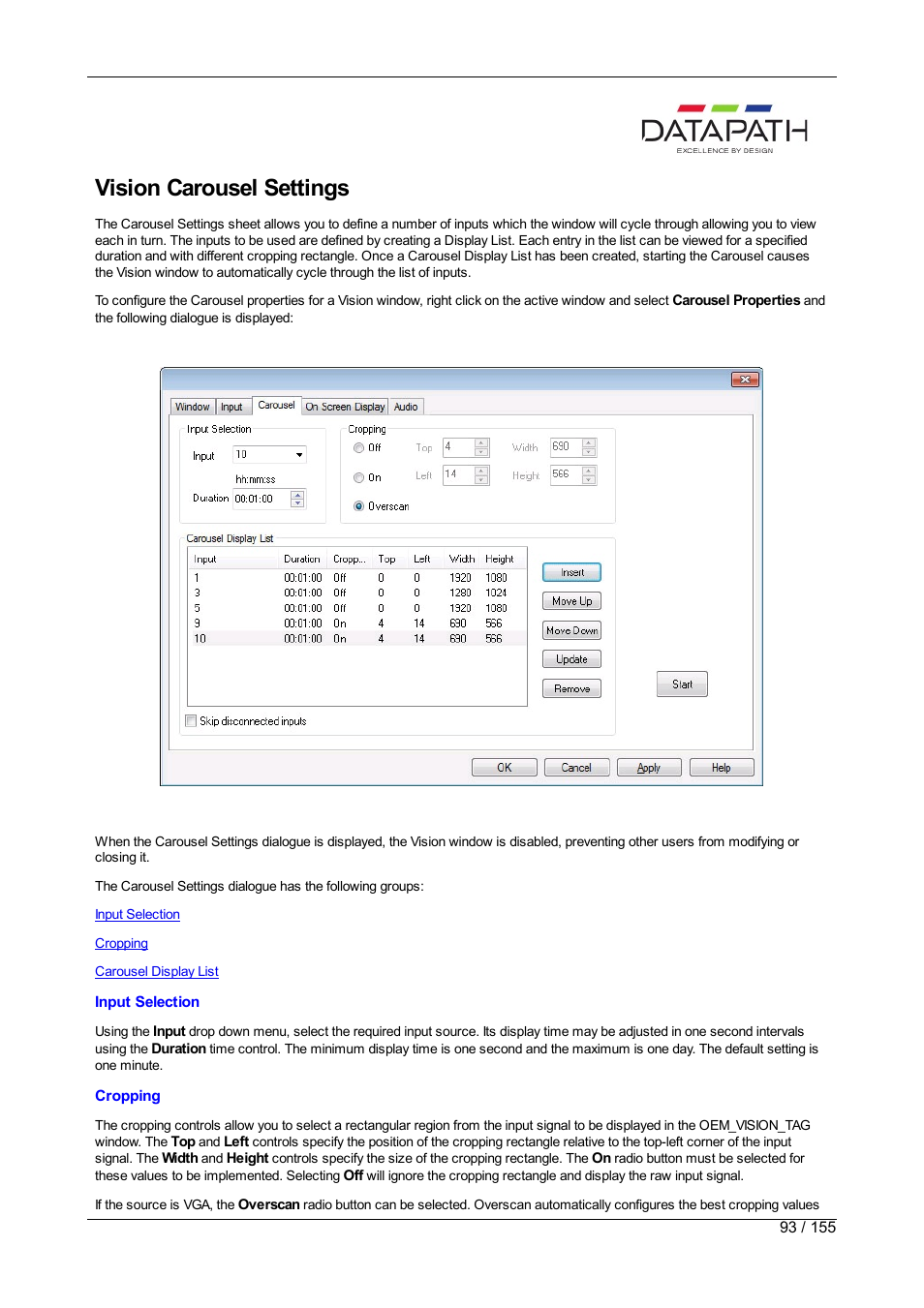 Vision, Vision carousel settings | Datapath Wall Control User Manual | Page 93 / 155