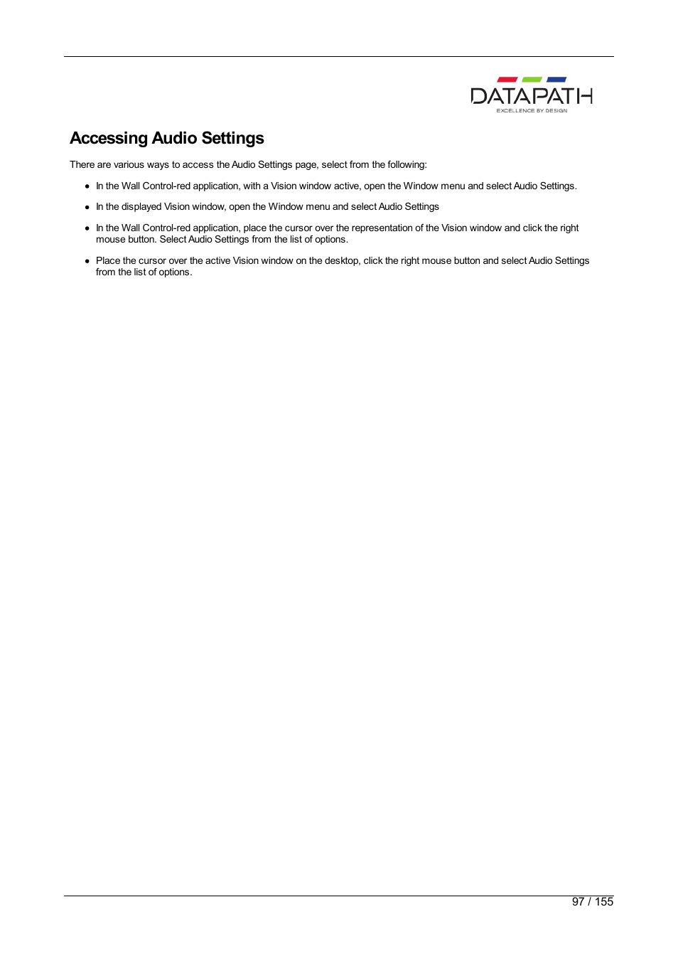 Audio properties, Accessing audio settings | Datapath Wall Control User Manual | Page 97 / 155