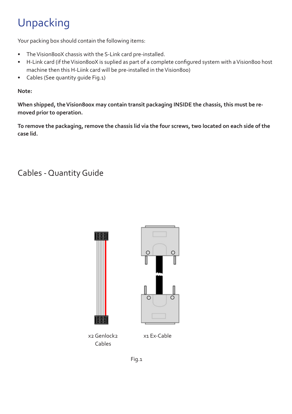 Unpacking, Cables - quantity guide | Datapath Vision800X User Manual | Page 2 / 7