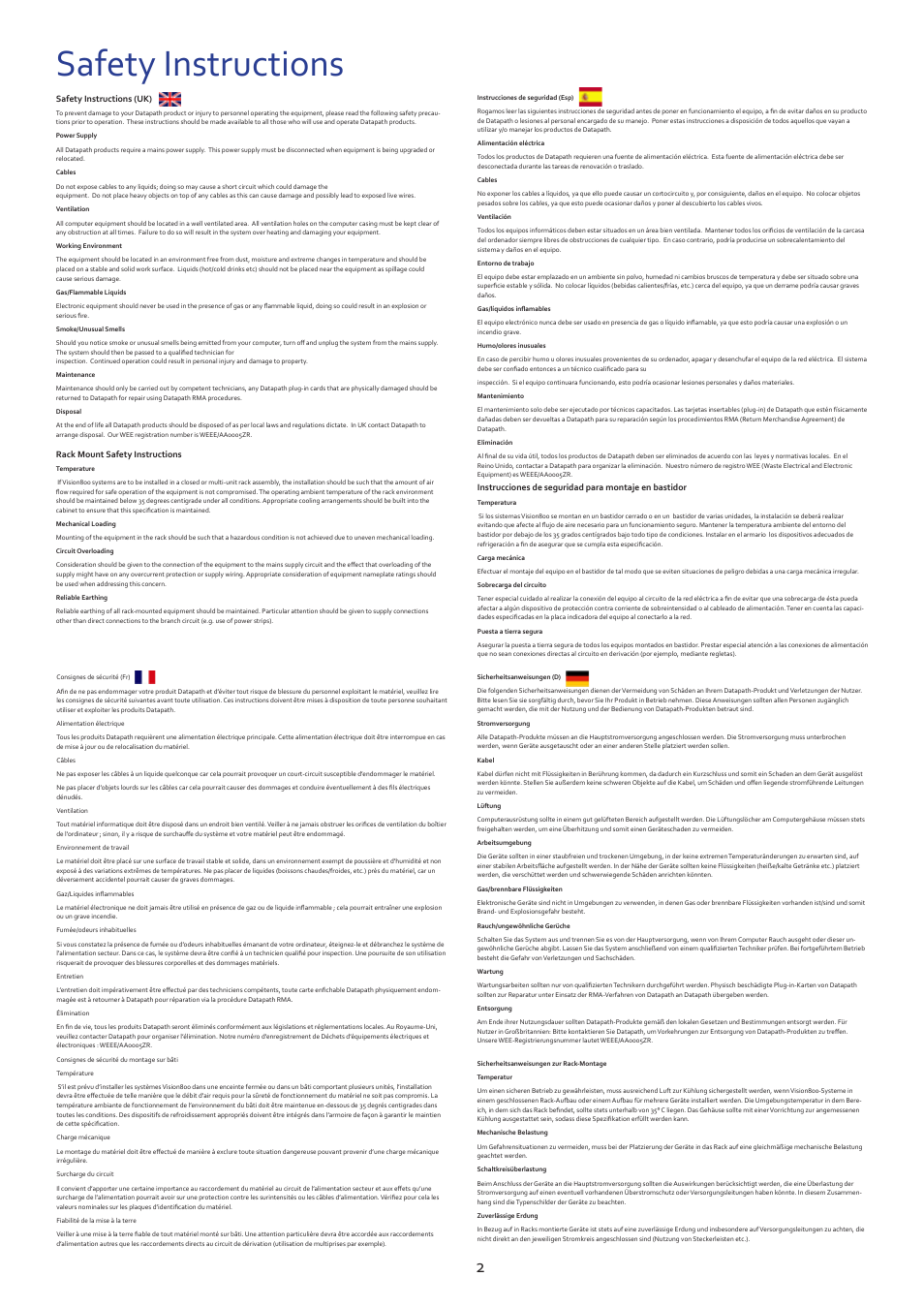 Safety instructions | Datapath Vision800 User Manual | Page 2 / 14