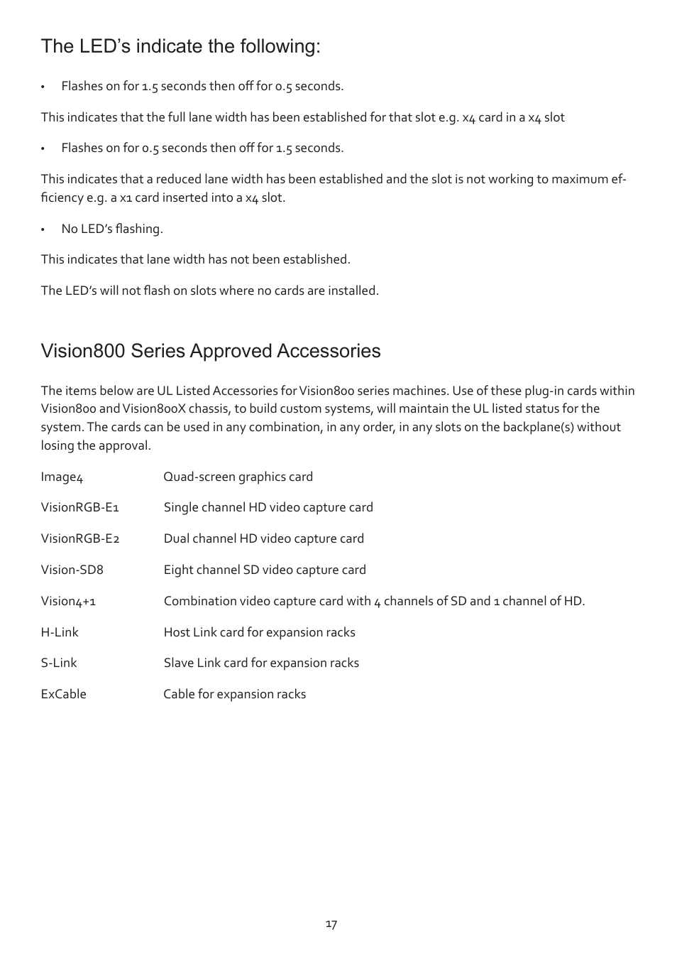 The led’s indicate the following, Vision800 series approved accessories | Datapath Vision800 User Manual | Page 17 / 21