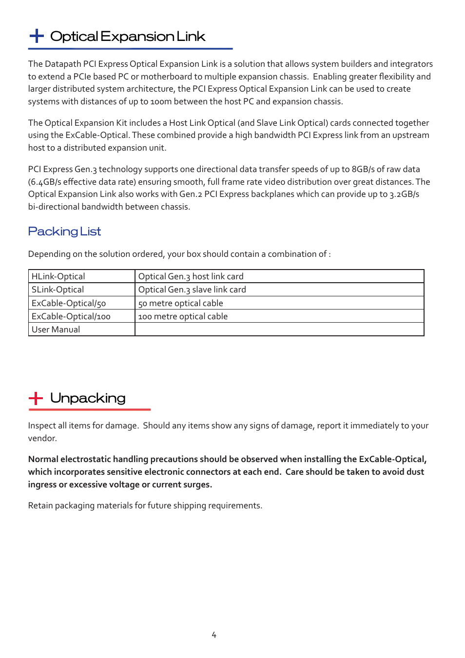 Optical expansion link, Unpacking | Datapath Optical Expansion Link User Manual | Page 4 / 13