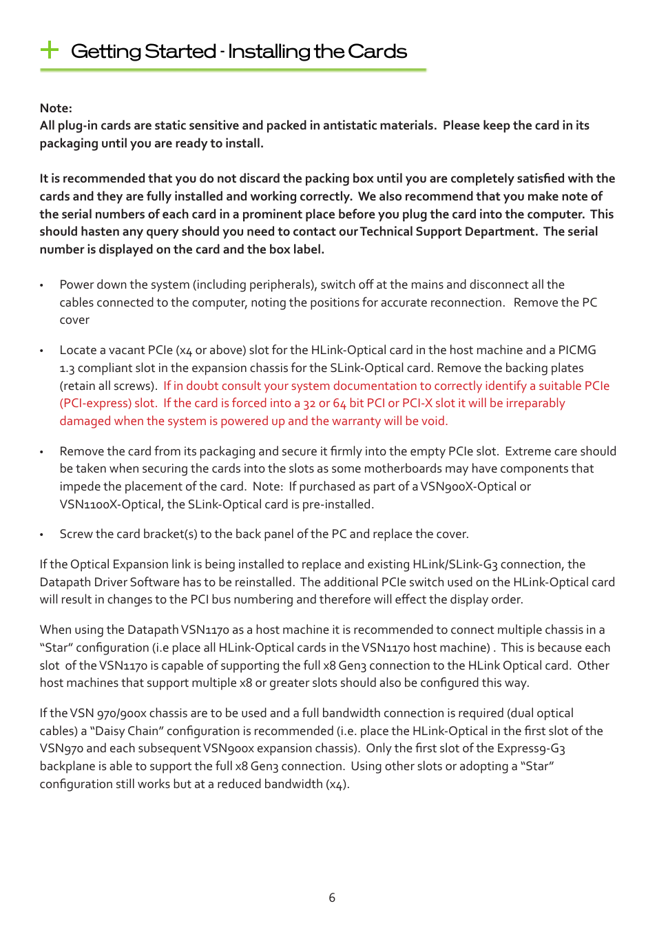 Getting started - installing the cards | Datapath Optical Expansion Link User Manual | Page 6 / 13