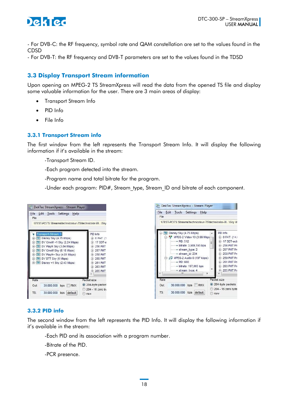 3 display transport stream information, 1 transport stream info, 2 pid info | DekTec DTC-300 StreamXpress User Manual | Page 18 / 73