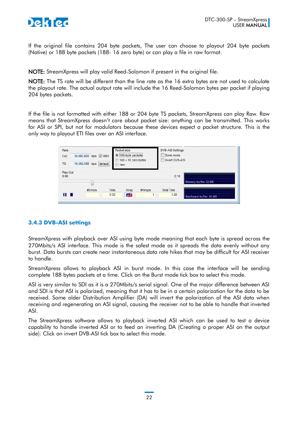 3 dvb-asi settings | DekTec DTC-300 StreamXpress User Manual | Page 22 / 73
