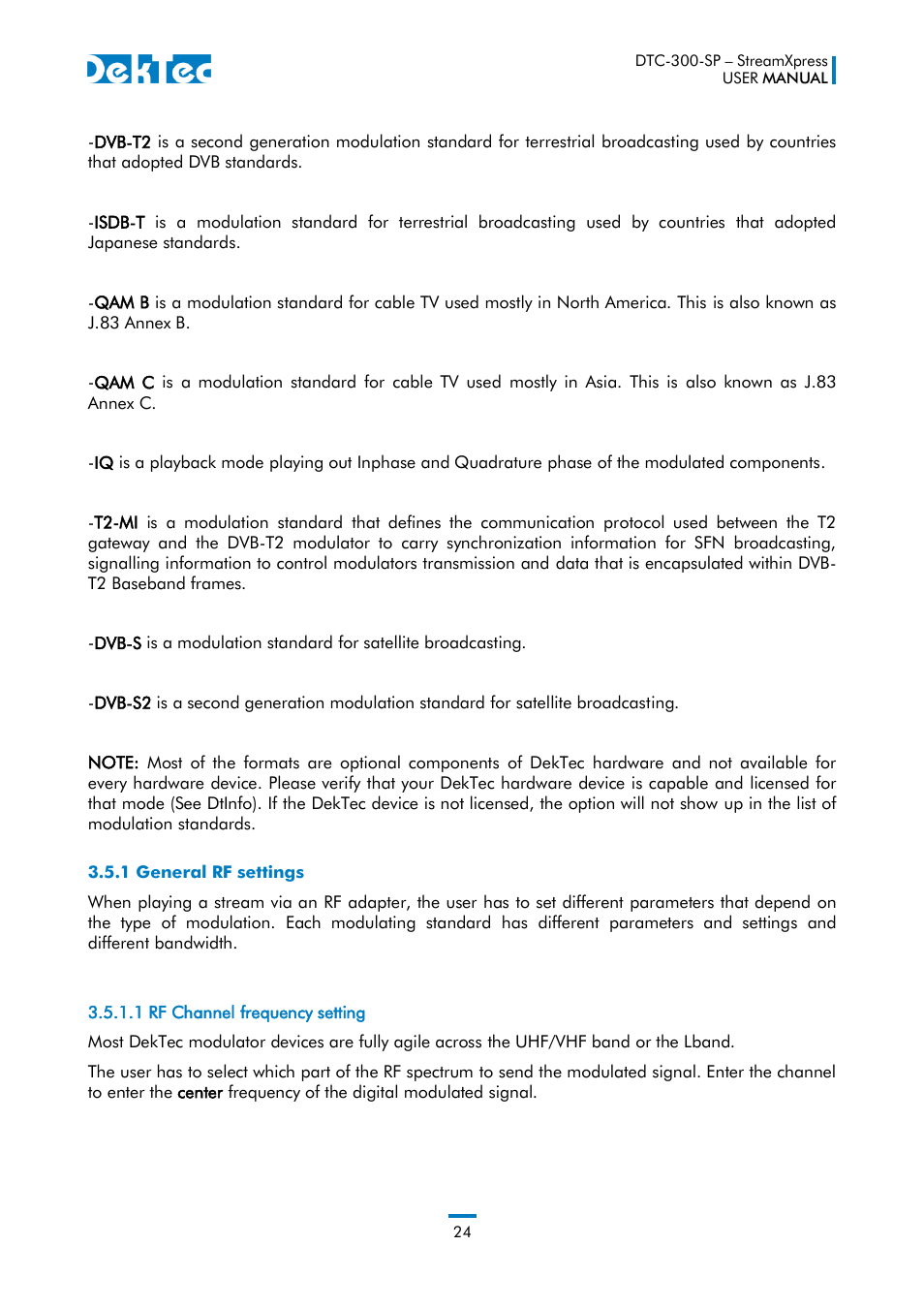 1 general rf settings | DekTec DTC-300 StreamXpress User Manual | Page 24 / 73