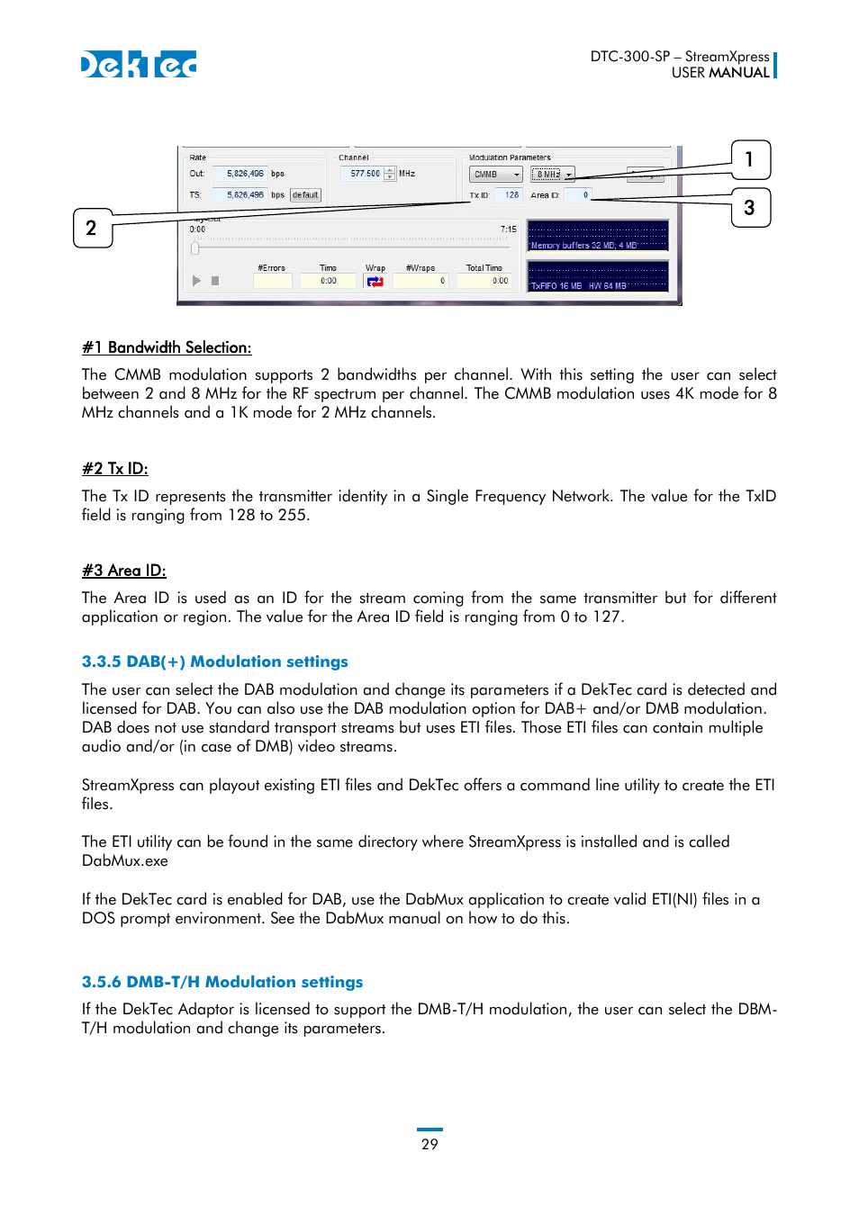 5 dab(+) modulation settings, 6 dmb-t/h modulation settings | DekTec DTC-300 StreamXpress User Manual | Page 29 / 73