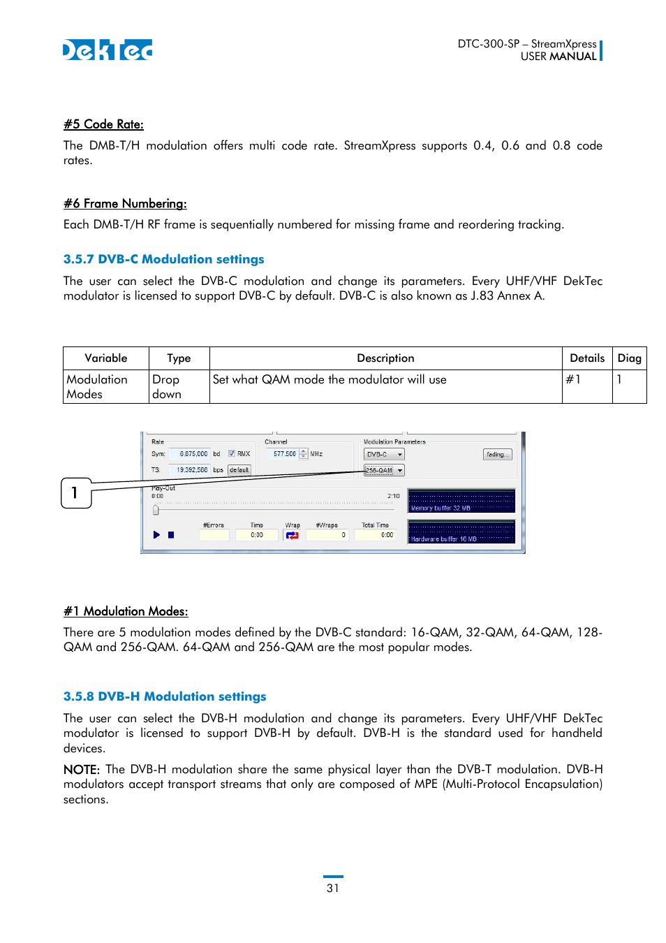 7 dvb-c modulation settings, 8 dvb-h modulation settings | DekTec DTC-300 StreamXpress User Manual | Page 31 / 73