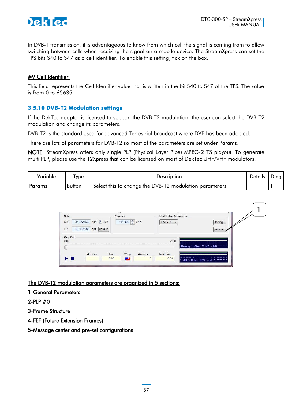 10 dvb-t2 modulation settings | DekTec DTC-300 StreamXpress User Manual | Page 37 / 73