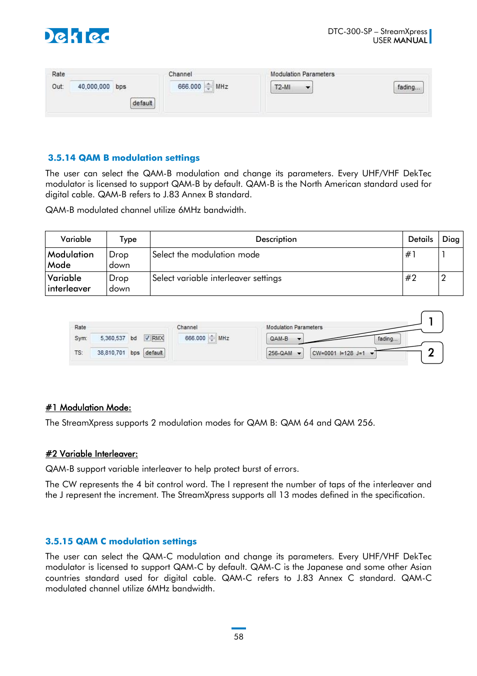 14 qam b modulation settings, 15 qam c modulation settings | DekTec DTC-300 StreamXpress User Manual | Page 58 / 73