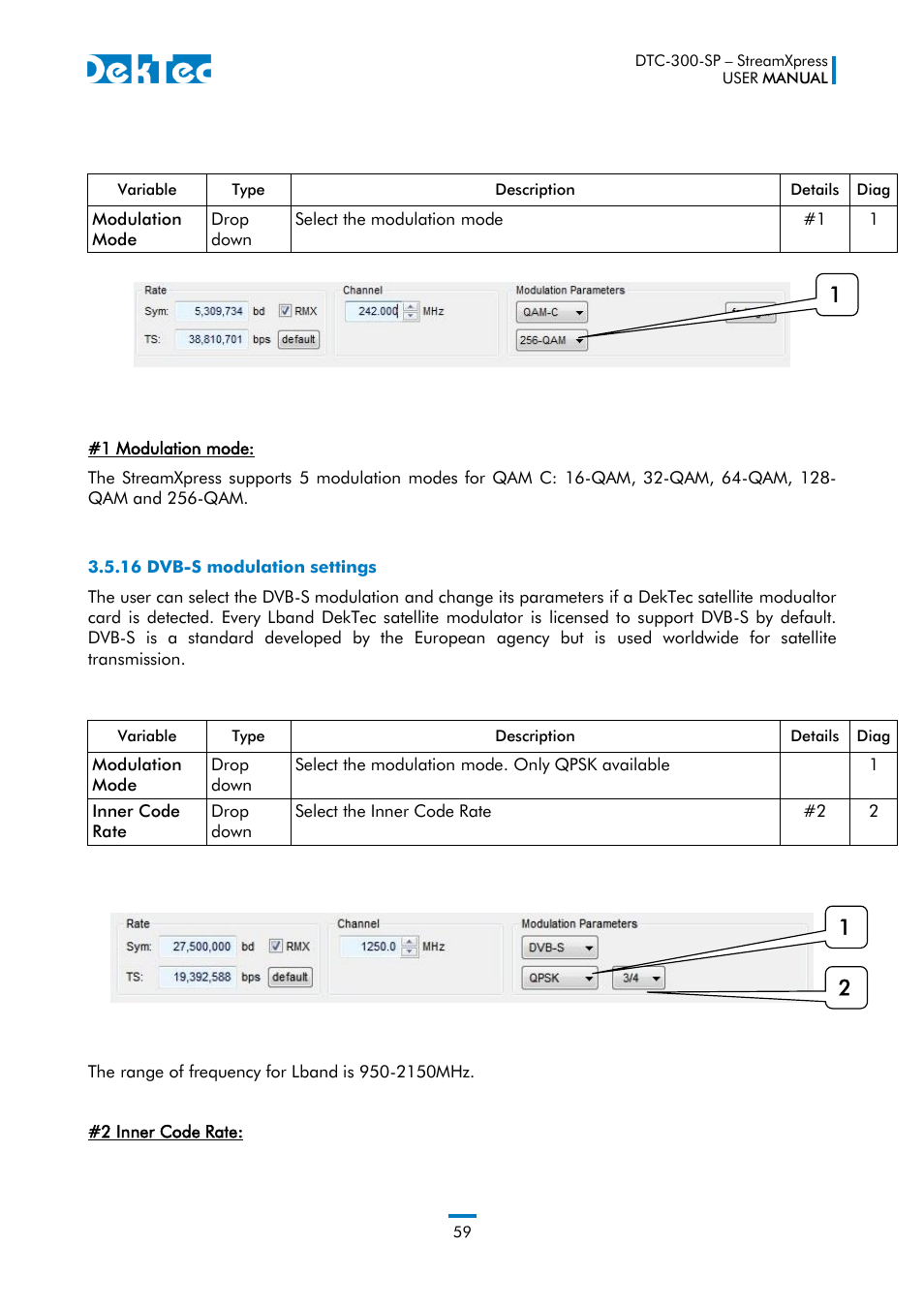 16 dvb-s modulation settings | DekTec DTC-300 StreamXpress User Manual | Page 59 / 73