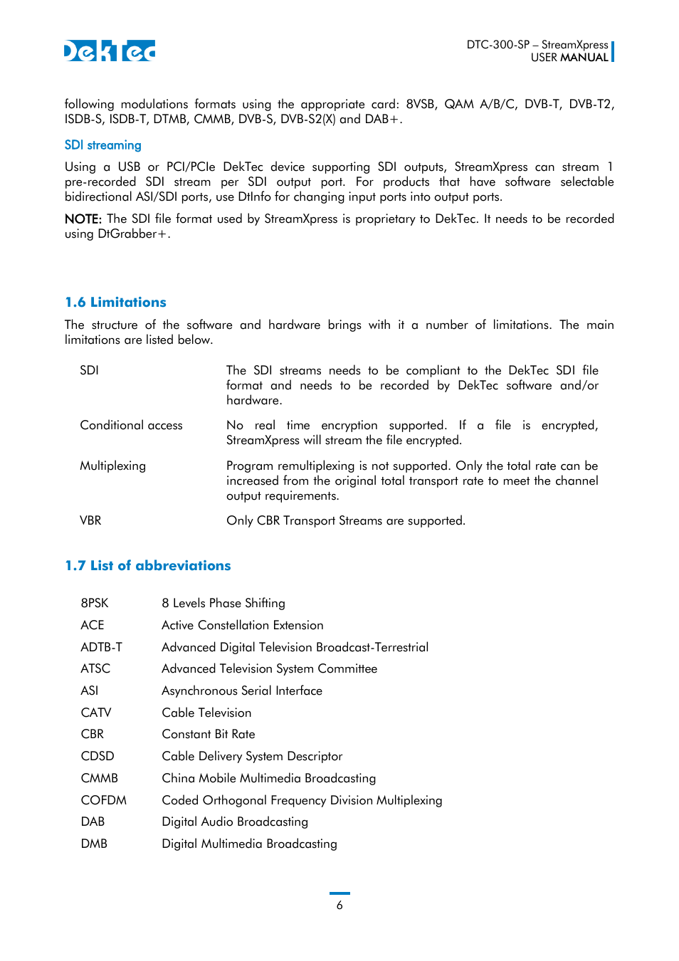 6 limitations 1.7 list of abbreviations | DekTec DTC-300 StreamXpress User Manual | Page 6 / 73