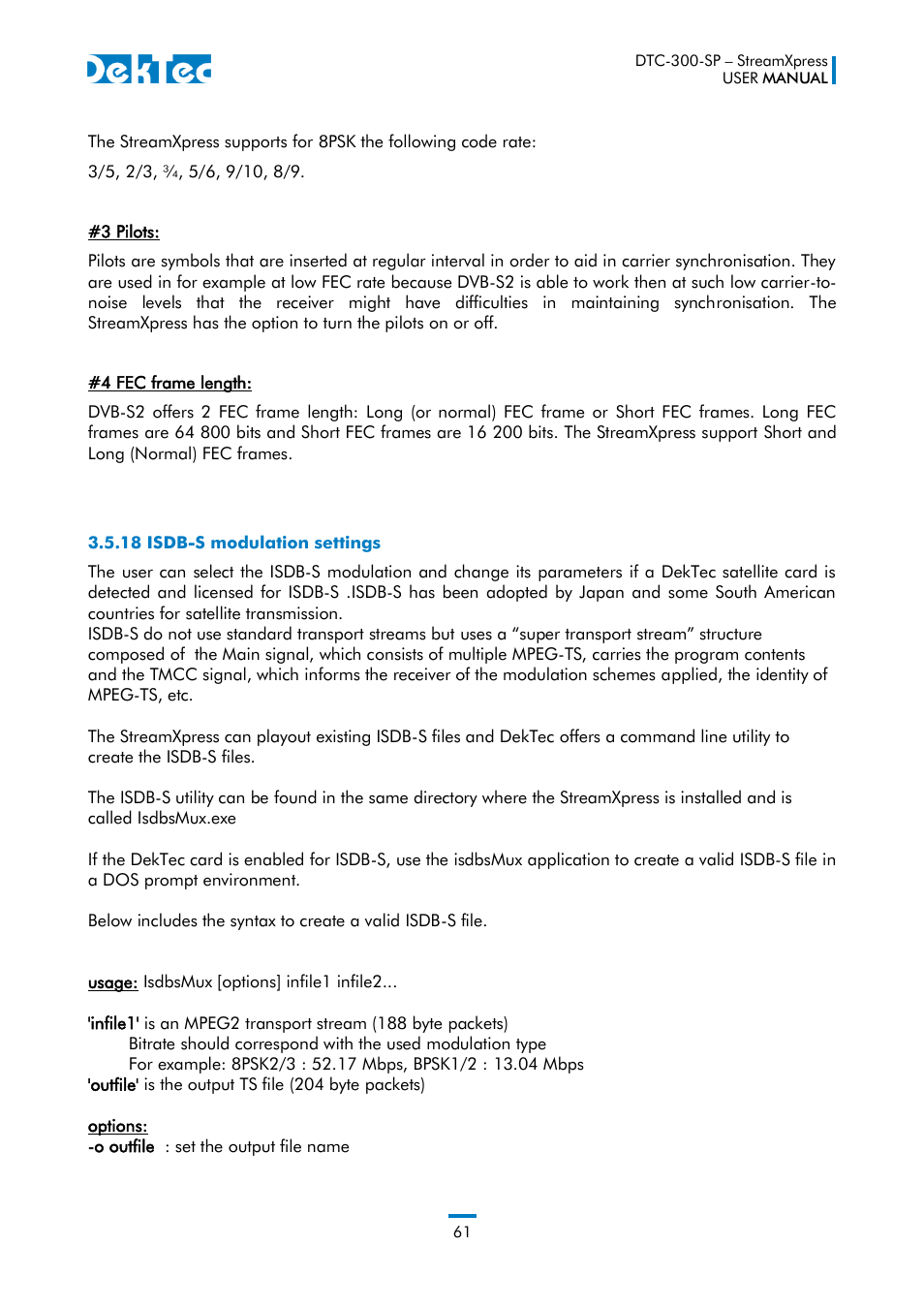 18 isdb-s modulation settings | DekTec DTC-300 StreamXpress User Manual | Page 61 / 73