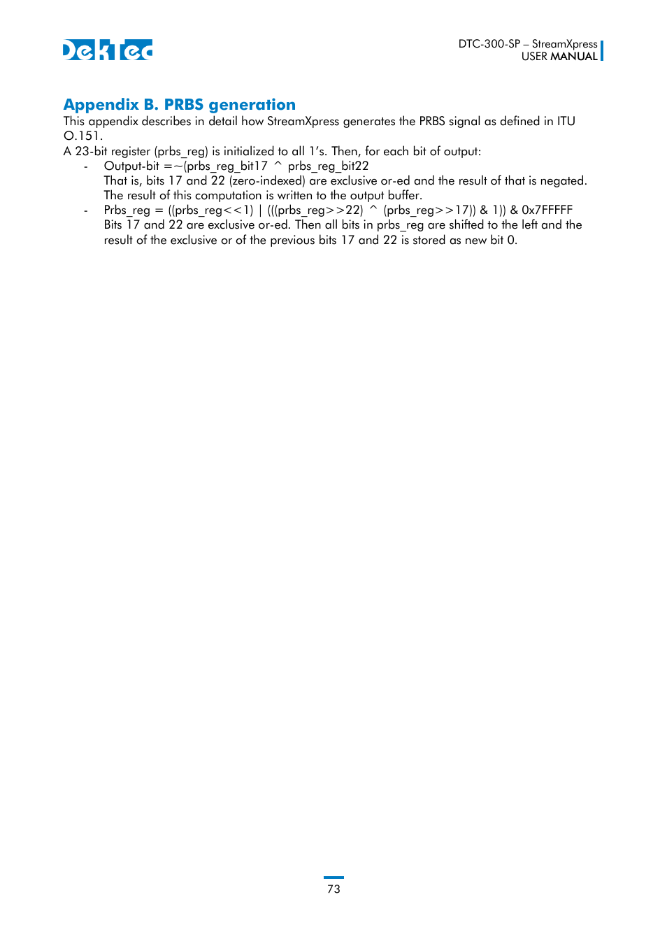 Appendix b. prbs generation | DekTec DTC-300 StreamXpress User Manual | Page 73 / 73