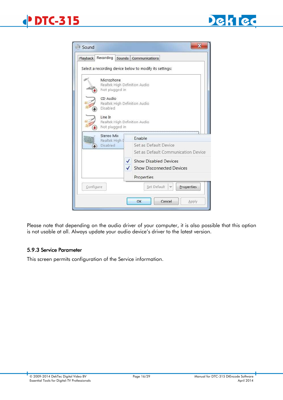 Dtc-315 | DekTec DTC-315 DtEncode User Manual | Page 16 / 29