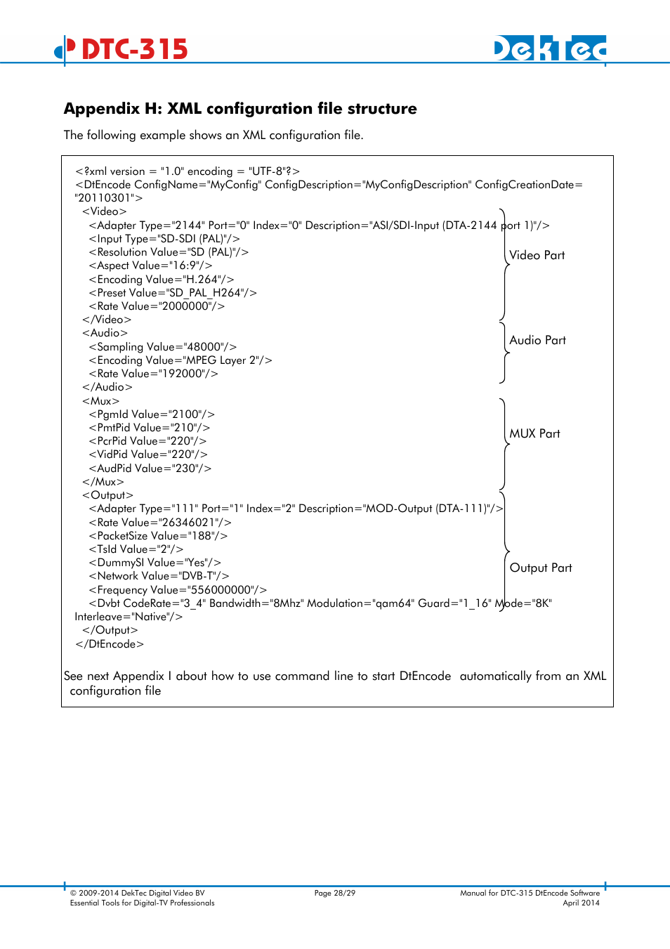 Dtc-315, Appendix h: xml configuration file structure | DekTec DTC-315 DtEncode User Manual | Page 28 / 29