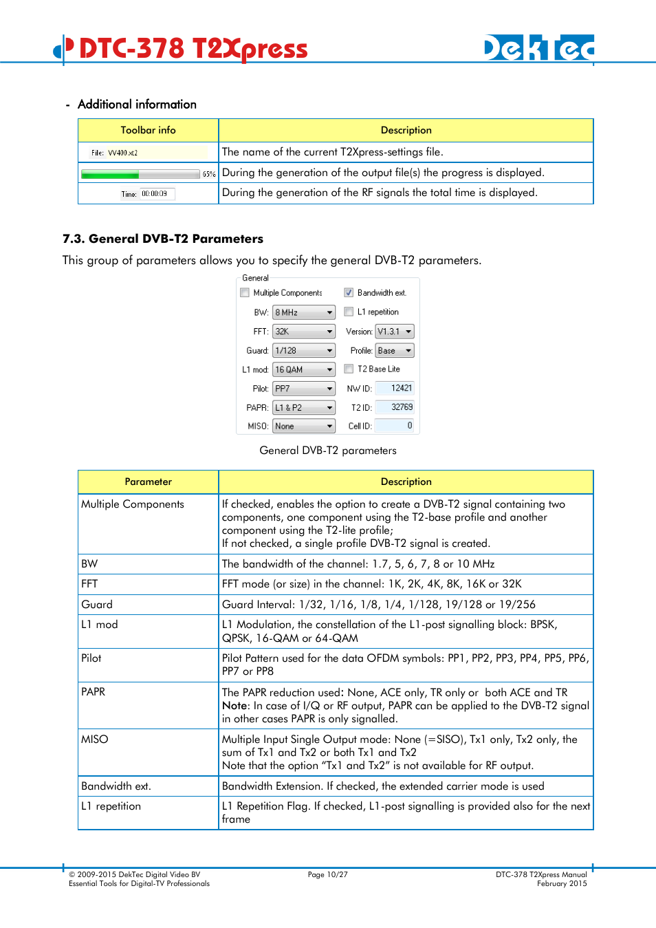 General dvb-t2 parameters, Dtc-378 t2xpress | DekTec DTC-378 T2Xpress User Manual | Page 10 / 27