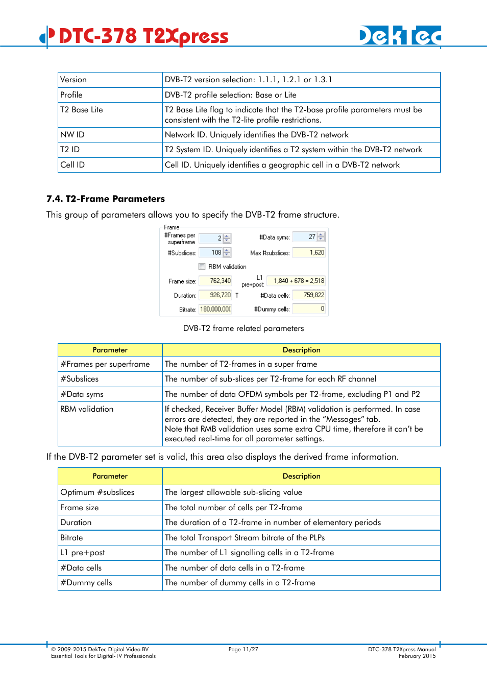 T2-frame parameters, Dtc-378 t2xpress | DekTec DTC-378 T2Xpress User Manual | Page 11 / 27