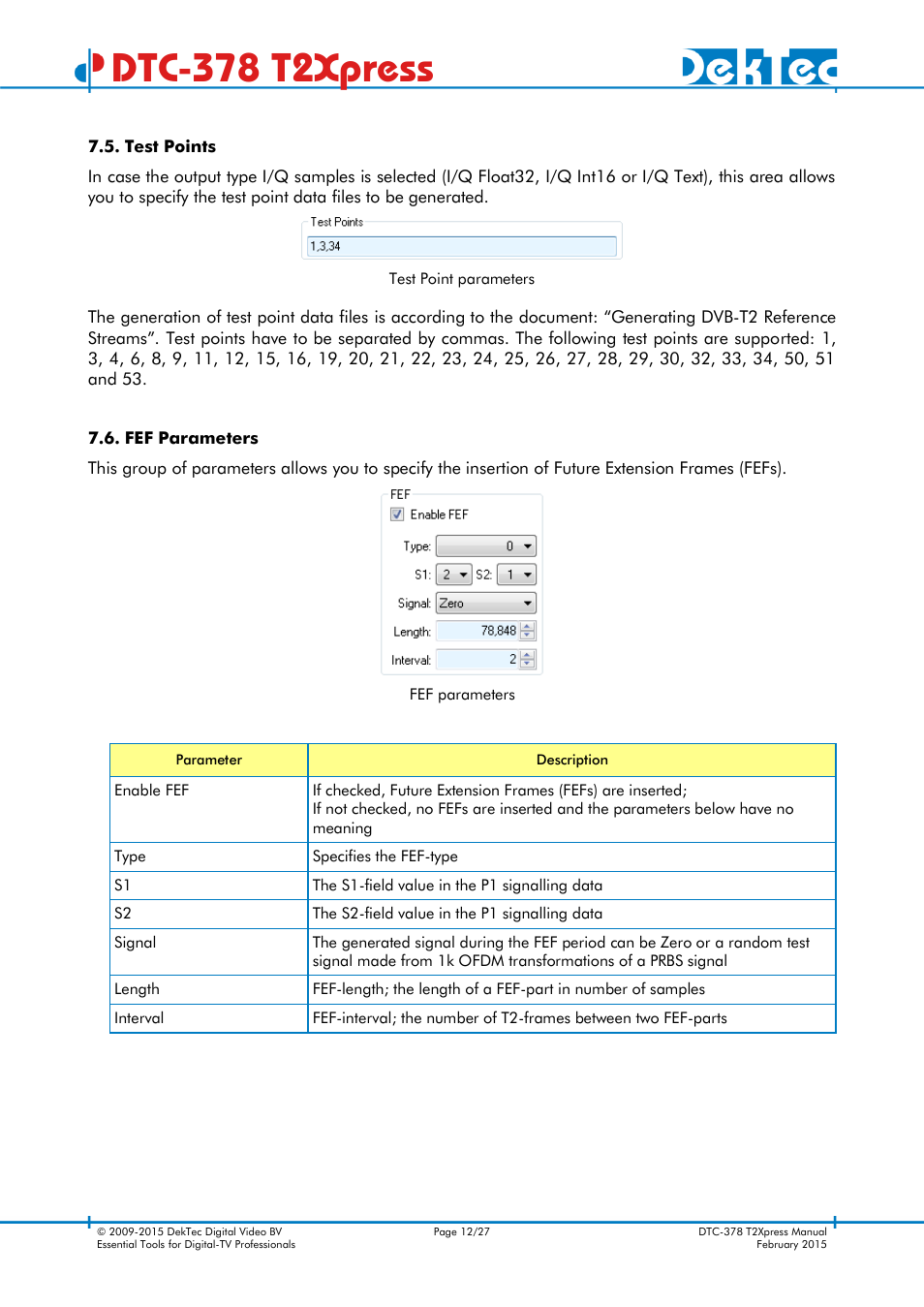 Test points, Fef parameters, Dtc-378 t2xpress | DekTec DTC-378 T2Xpress User Manual | Page 12 / 27